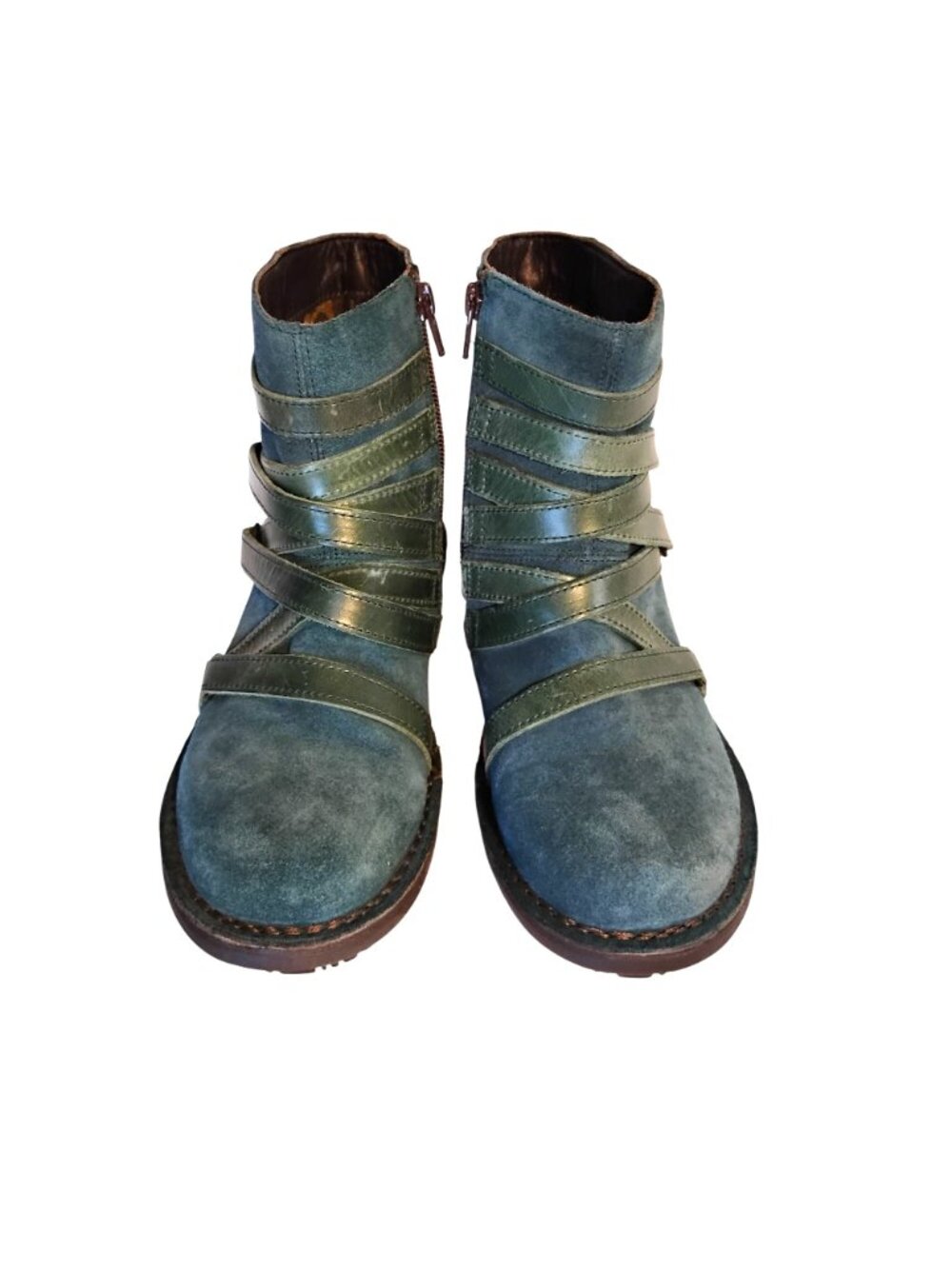 FLY LONDON Womens 7.5/ 38 Blue Suede & Leather Ankle Boots Side Zip - Picture 2 of 11